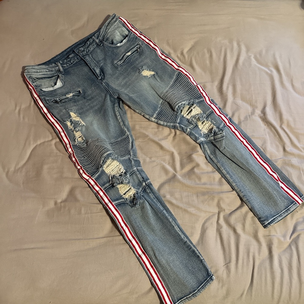 Balmain Blue Distressed Slim Straight Jeans with Red Stripes